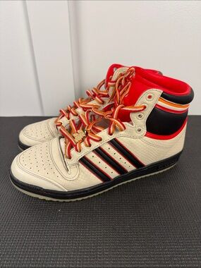 adidas Top Ten High-Top Sneakers in Cream, Black & Red-Orange Accents 10.5